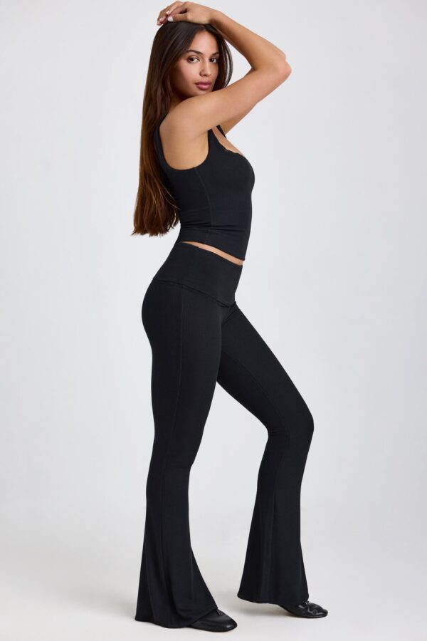 Ribbed Modal Mid-Rise Foldover Flared Trousers in Black - Image 3