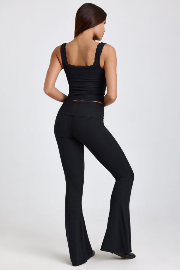 Ribbed Modal Mid-Rise Foldover Flared Trousers in Black - Image 2