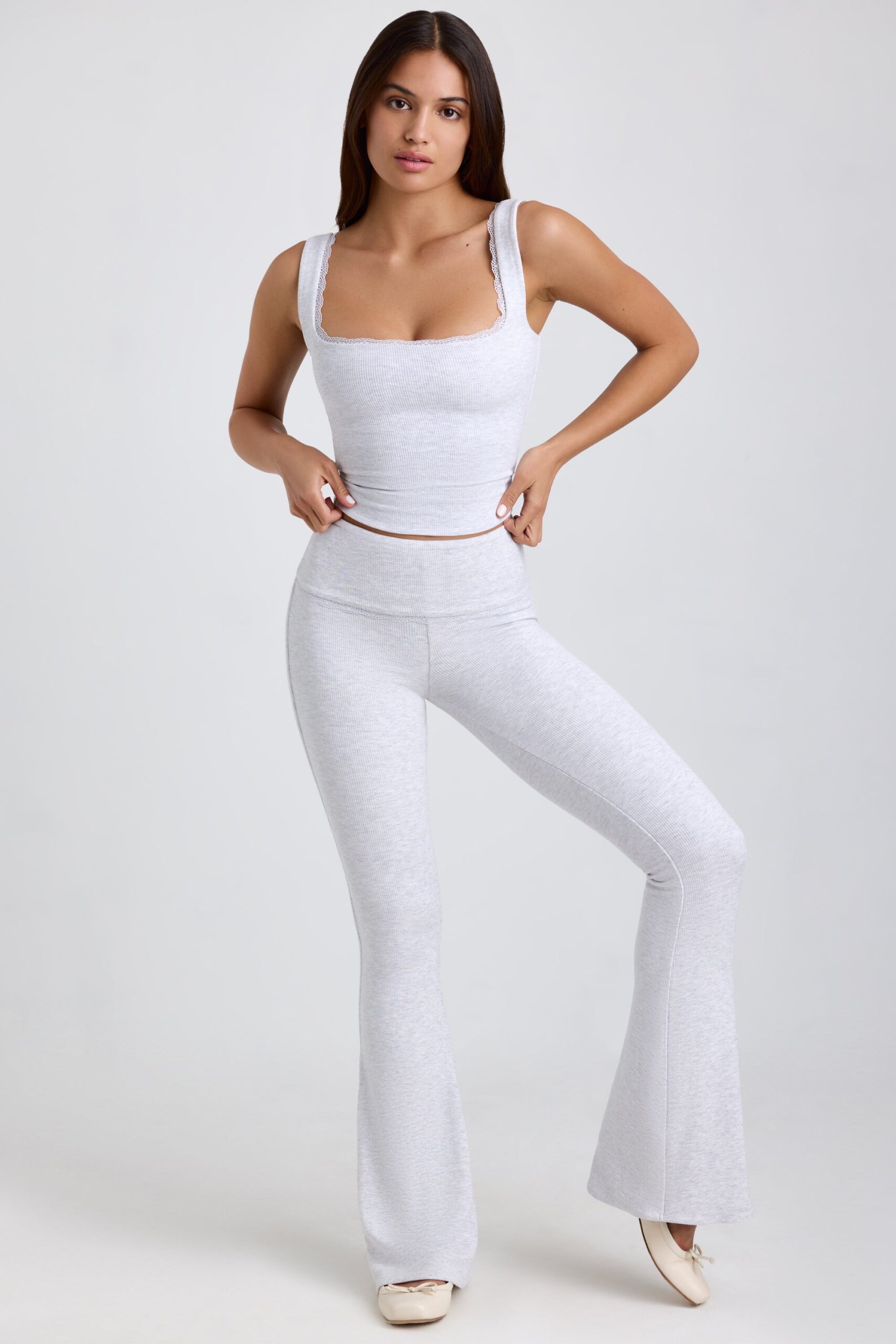 Petite Ribbed Modal Mid-Rise Foldover Flared Trousers in Grey - Image 6