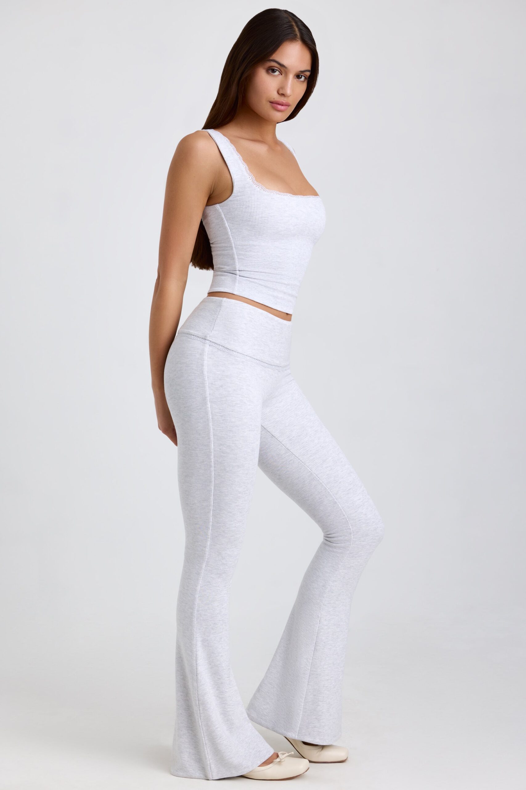 Petite Ribbed Modal Mid-Rise Foldover Flared Trousers in Grey - Image 3