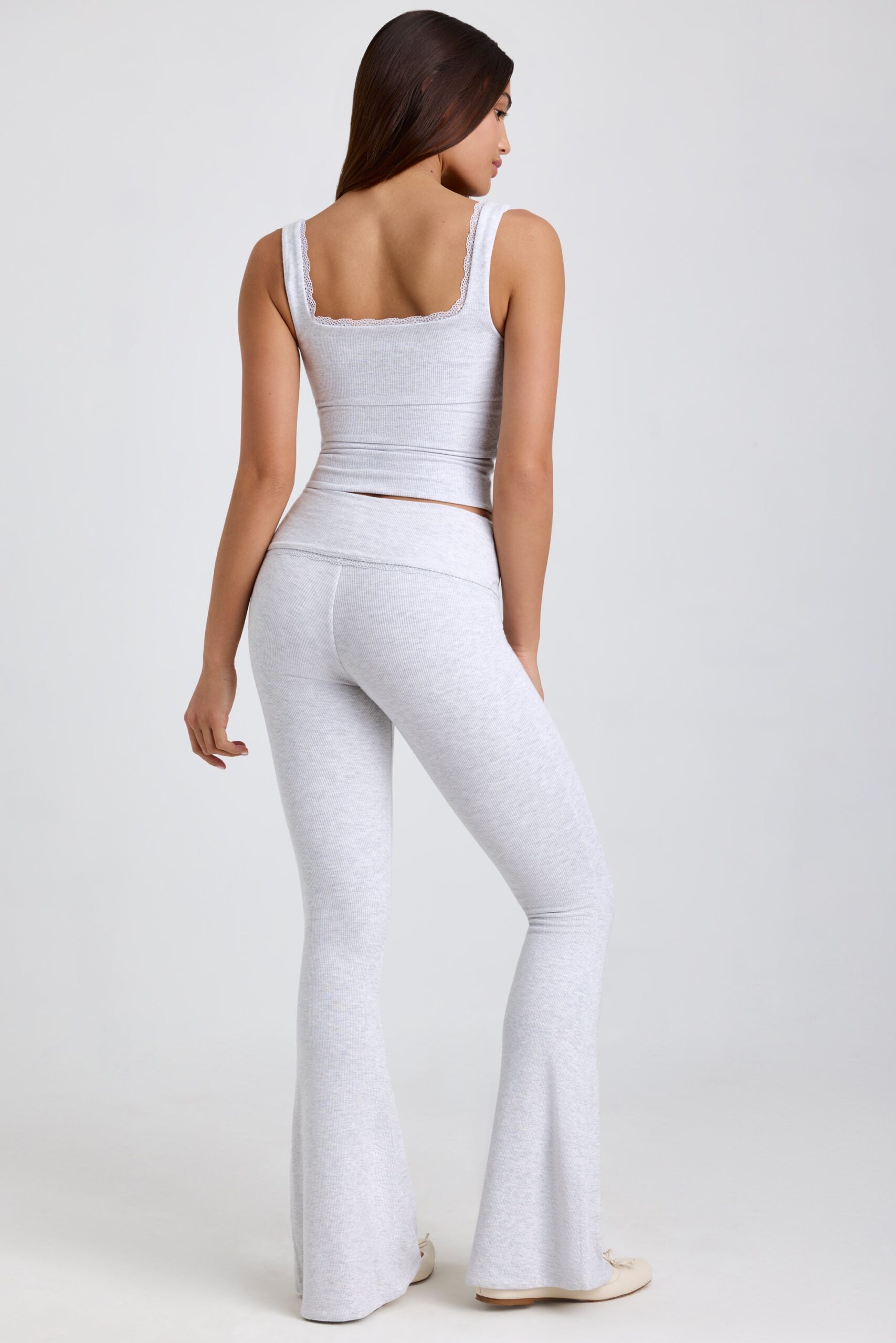 Petite Ribbed Modal Mid-Rise Foldover Flared Trousers in Grey - Image 2