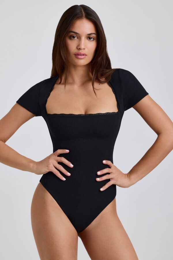 Ribbed Modal Lace-Trim Bodysuit in Black - Image 6
