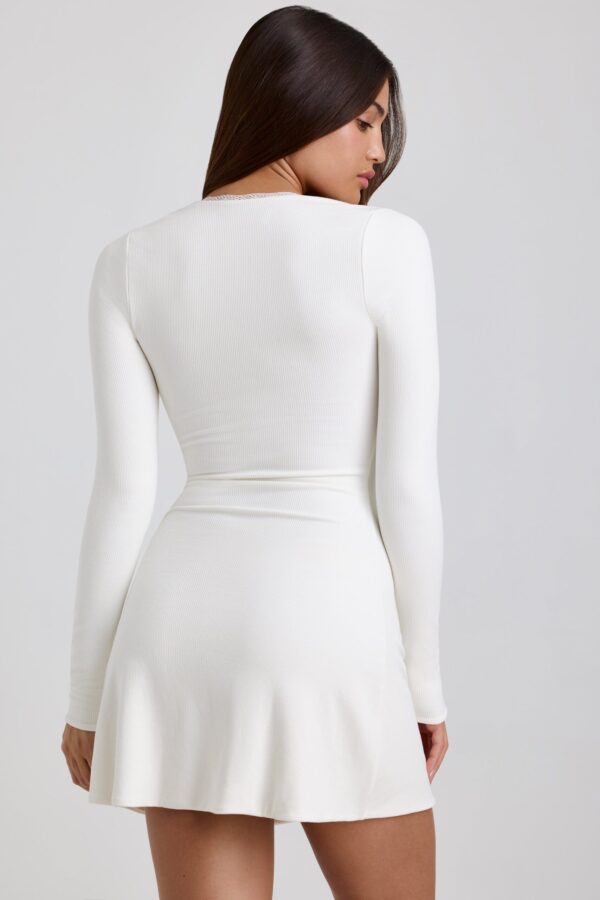 Ribbed Modal Lace-Trim Mini Dress in White - Image 2