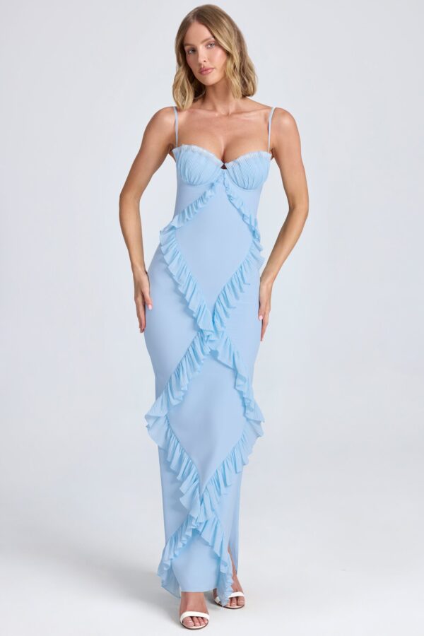 Plissé Ruffle-Trim Maxi Dress in Powder Blue - Image 6