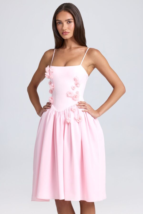 Floral-Appliqué Midi Dress in Blush - Image 6