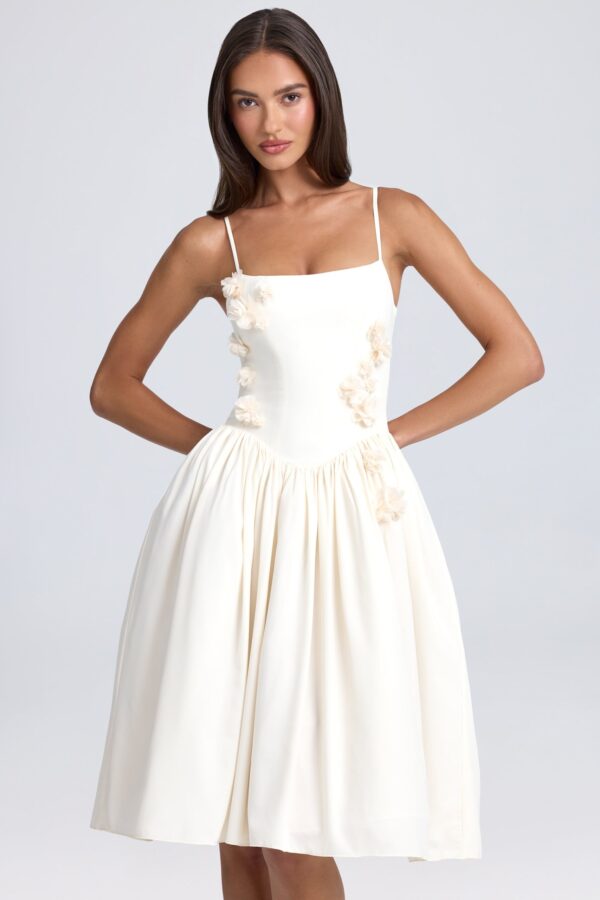 Floral-Appliqué Midi Dress in Ivory - Image 5