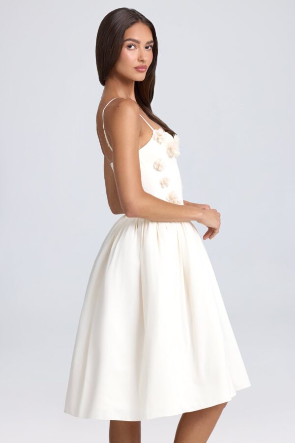Floral-Appliqué Midi Dress in Ivory - Image 3