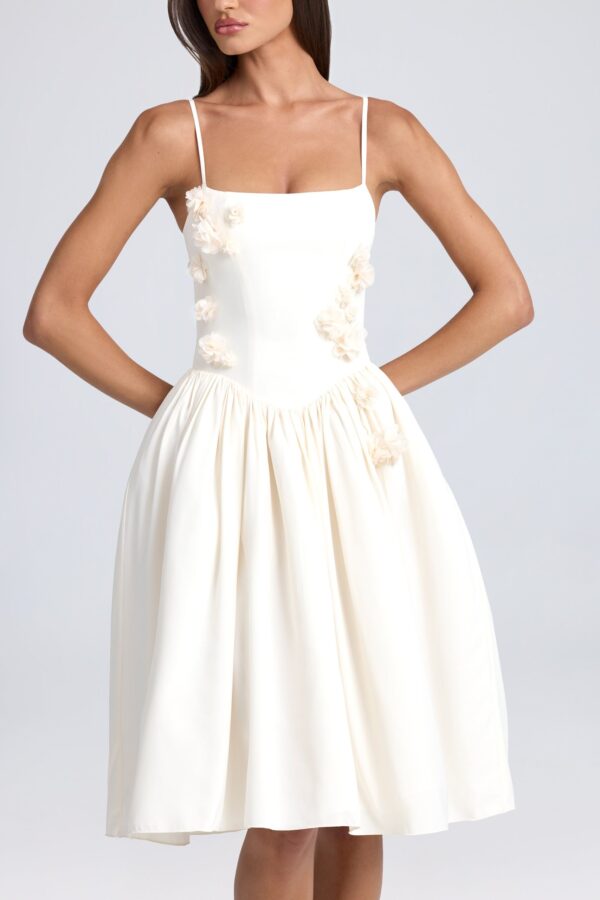 Floral-Appliqué Midi Dress in Ivory - Image 4