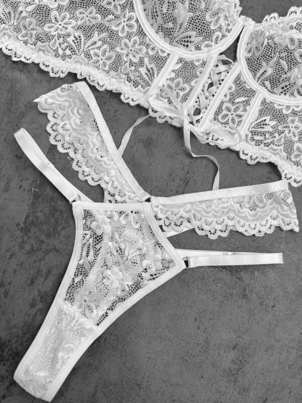 White Pearls Small Flower Lace Lingerie Set - Image 8