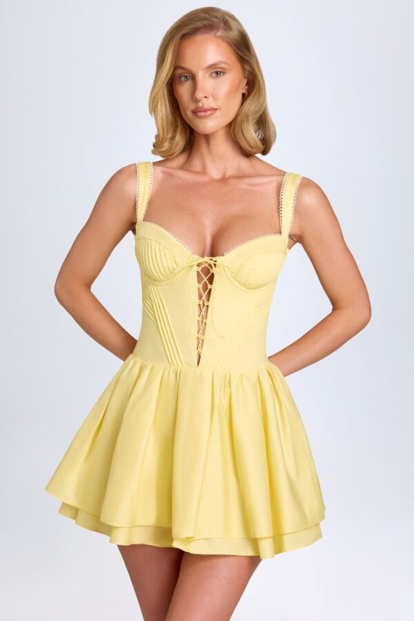 Pintucked Lace-Up Corset Mini Dress in Pastel Yellow - Image 5