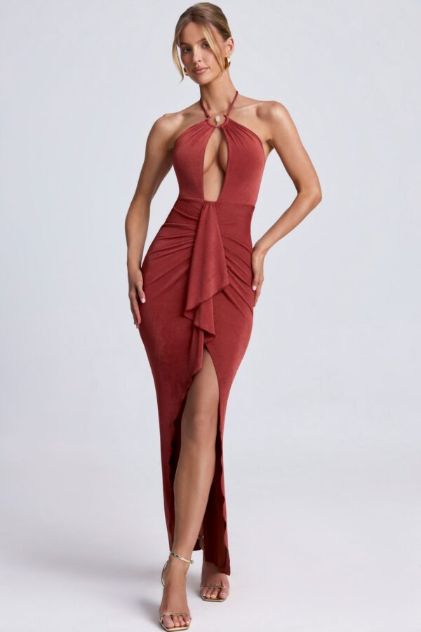 Hardware Detail Cut-Out Halterneck Maxi Dress in Auburn Brown - Image 5
