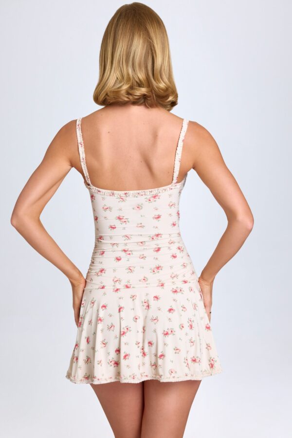 Lace-Trim Ruched Mini Dress in Small Rose Print - Image 2