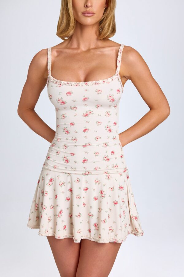 Lace-Trim Ruched Mini Dress in Small Rose Print - Image 4