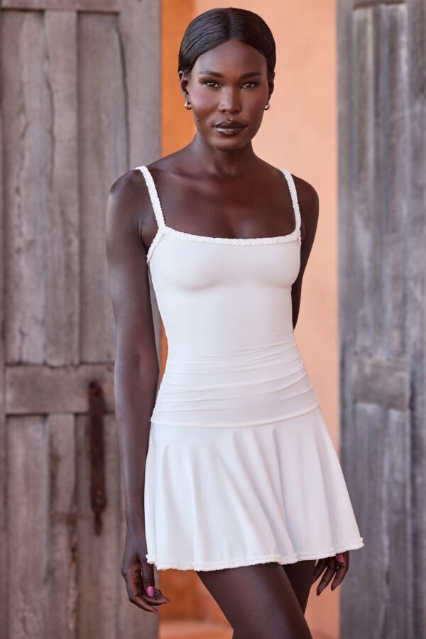 Lace-Trim Ruched Mini Dress in White - Image 7