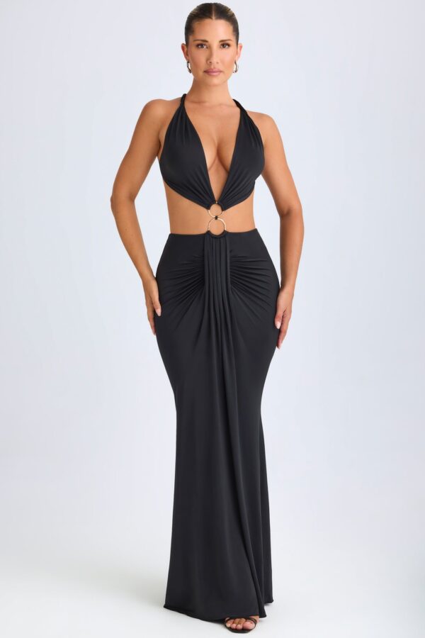 Hardware Detail Cut-Out Halterneck Maxi Dress in Black - Image 8