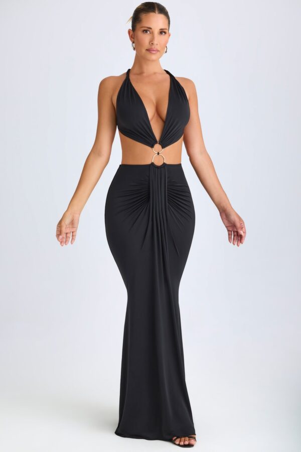 Hardware Detail Cut-Out Halterneck Maxi Dress in Black - Image 6