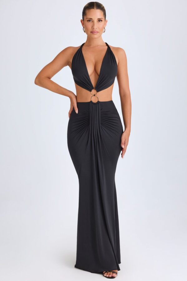 Hardware Detail Cut-Out Halterneck Maxi Dress in Black - Image 5