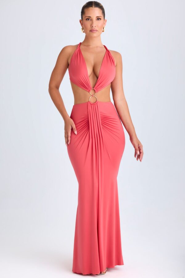 Hardware Detail Cut-Out Halterneck Maxi Dress in Coral - Image 7