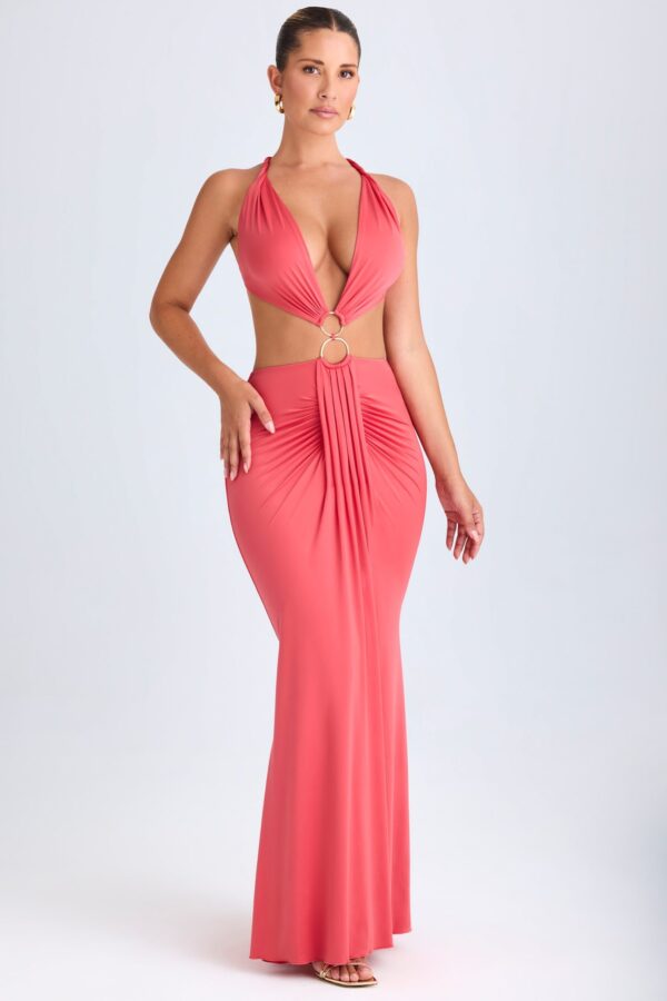 Hardware Detail Cut-Out Halterneck Maxi Dress in Coral - Image 6