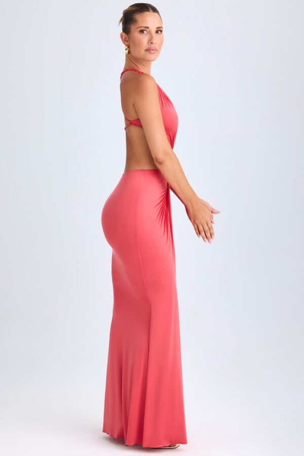 Hardware Detail Cut-Out Halterneck Maxi Dress in Coral - Image 3
