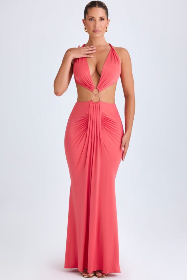 Hardware Detail Cut-Out Halterneck Maxi Dress in Coral - Image 8