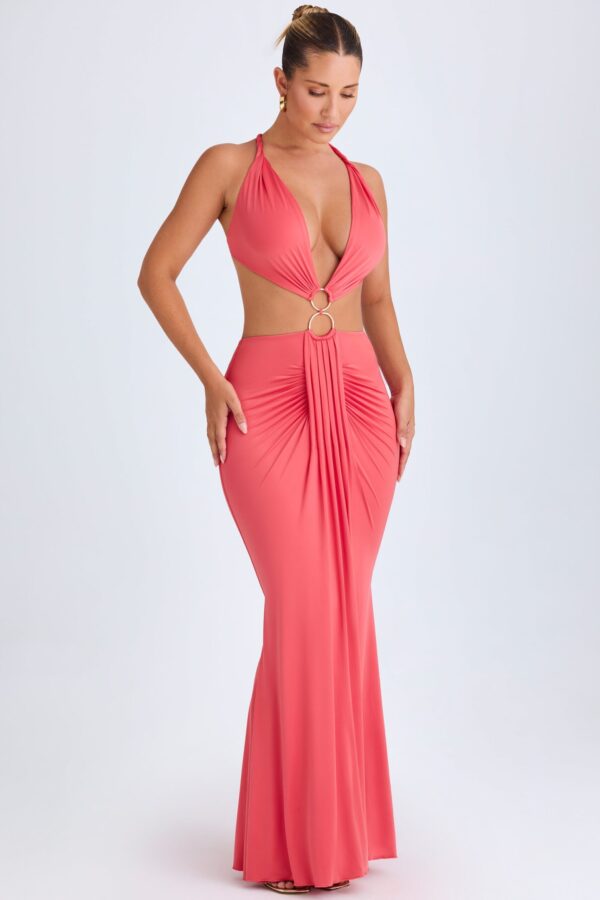 Hardware Detail Cut-Out Halterneck Maxi Dress in Coral - Image 4