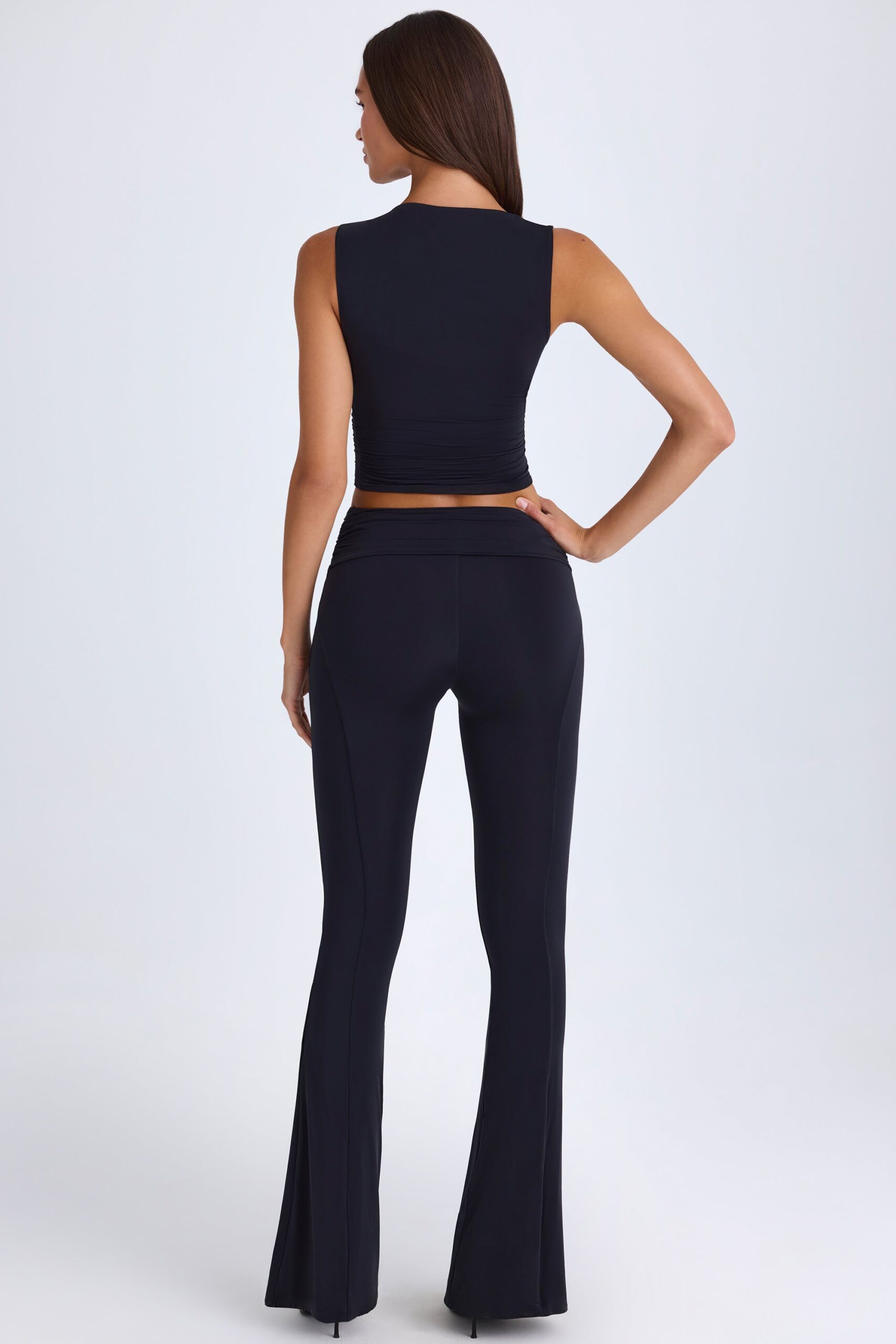 Petite Foldover Flared Trousers in Black - Image 3