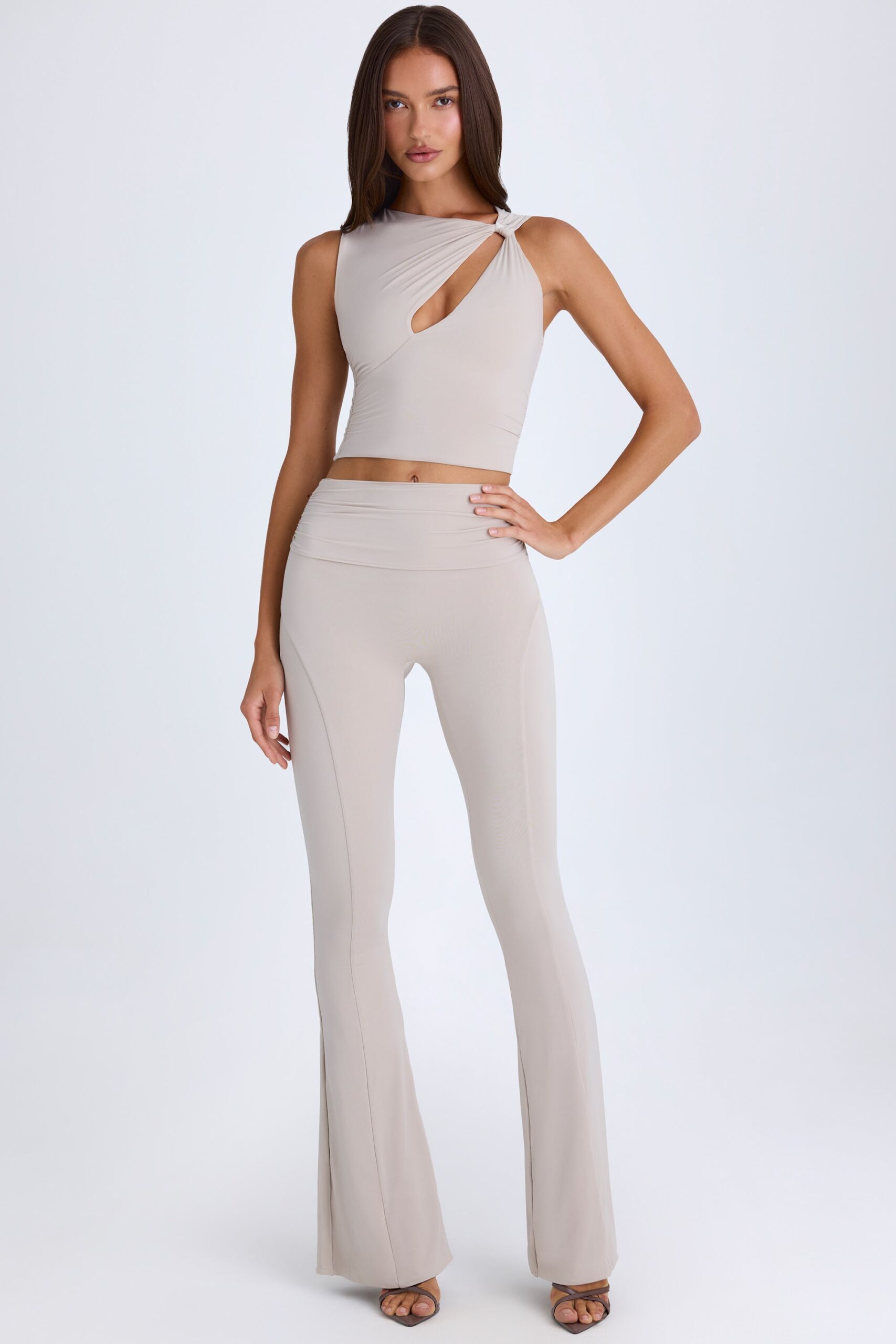 Petite Foldover Flared Trousers in Taupe - Image 5