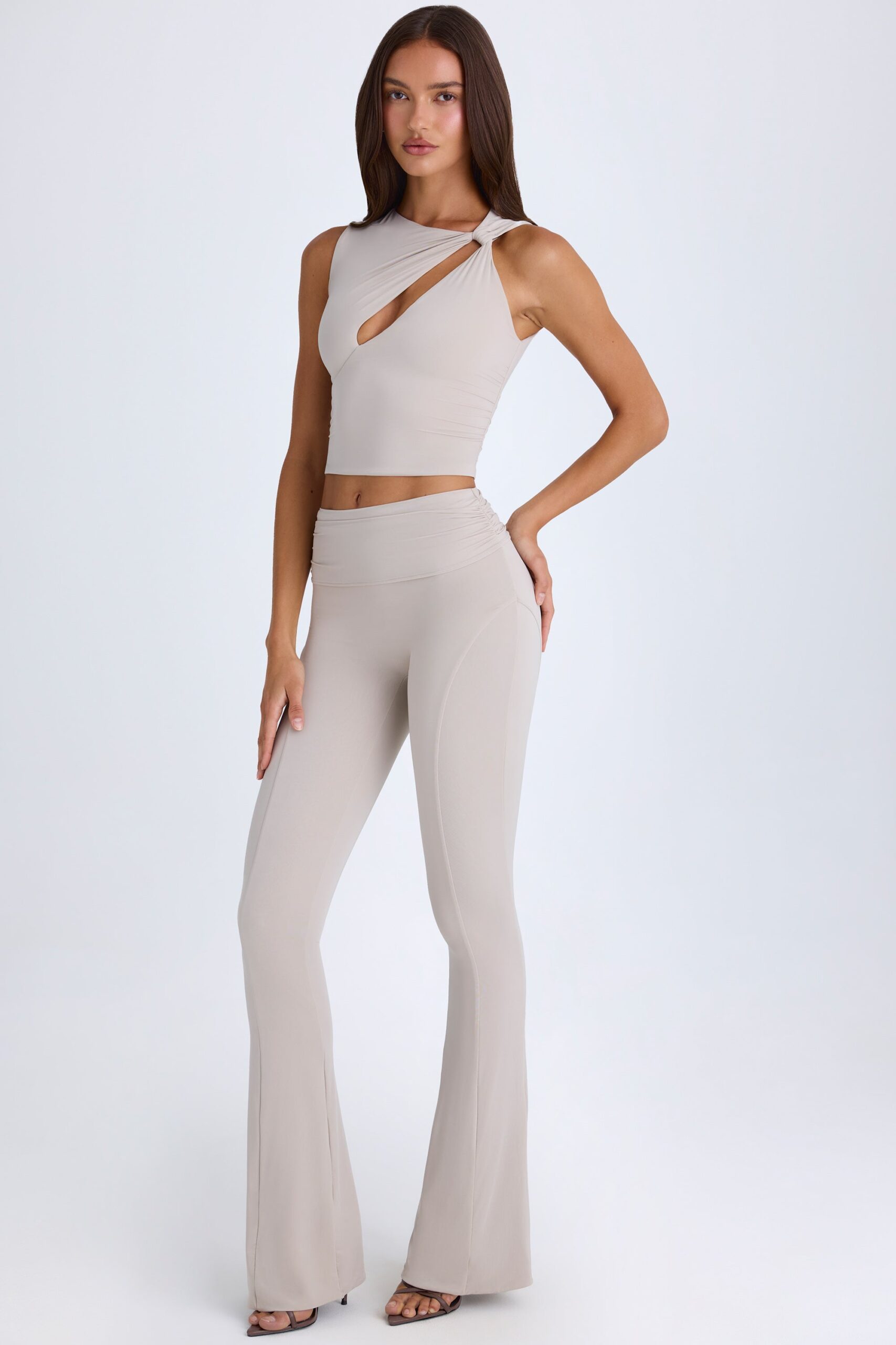 Petite Foldover Flared Trousers in Taupe - Image 8