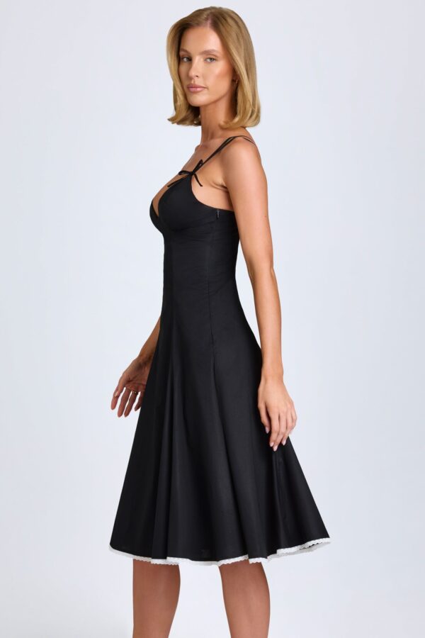 Bow-Detail Lace-Trim A-Line Midi Dress in Black - Image 3