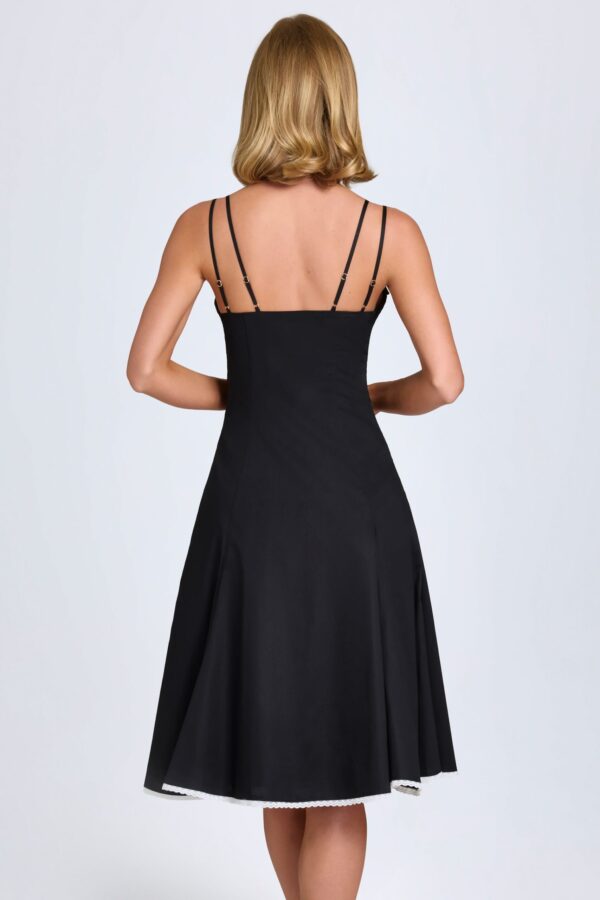 Bow-Detail Lace-Trim A-Line Midi Dress in Black - Image 2