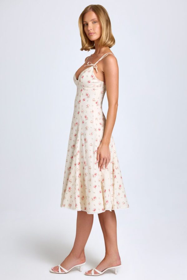 Bow-Detail Lace-Trim A-Line Midi Dress in Small Rose Print - Image 4