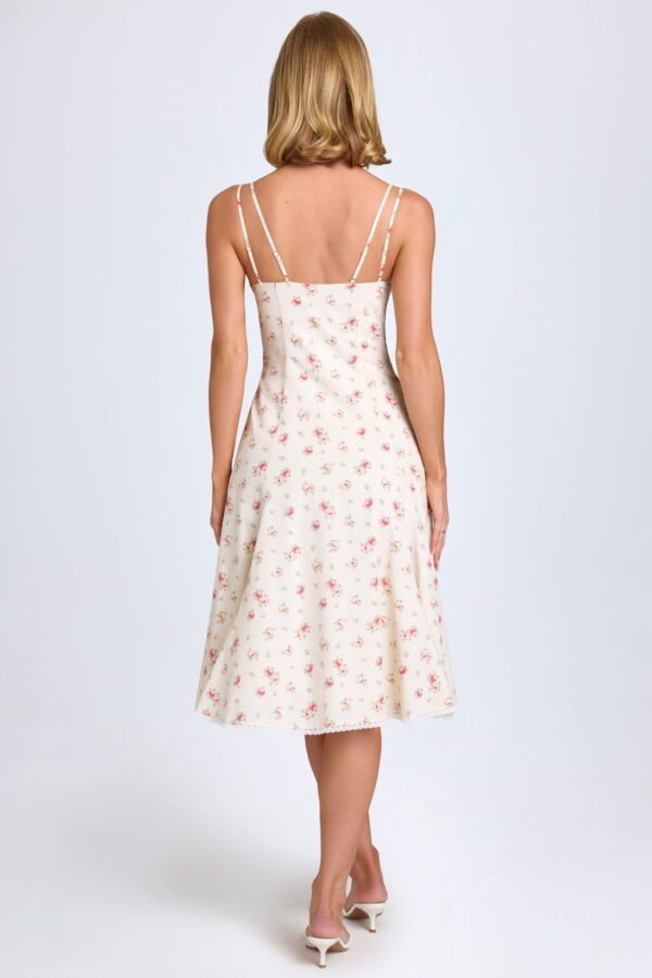 Bow-Detail Lace-Trim A-Line Midi Dress in Small Rose Print - Image 3