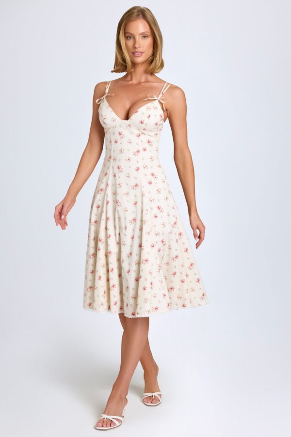 Bow-Detail Lace-Trim A-Line Midi Dress in Small Rose Print - Image 6