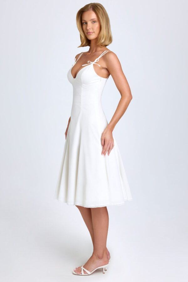 Bow-Detail Lace-Trim A-Line Midi Dress in White - Image 3