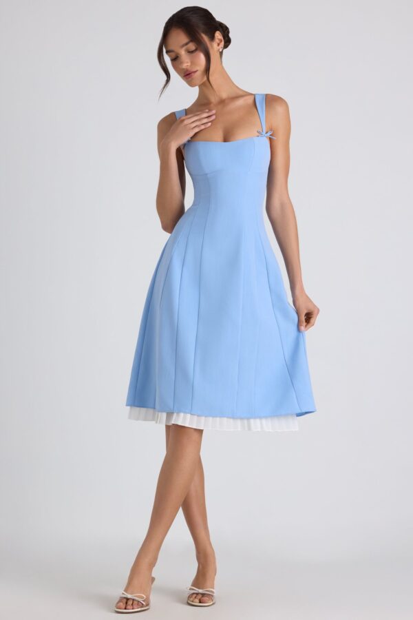 Bow-Detail Pleated A-Line Midi Dress in Sky Blue - Image 6