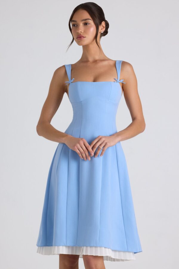 Bow-Detail Pleated A-Line Midi Dress in Sky Blue - Image 5