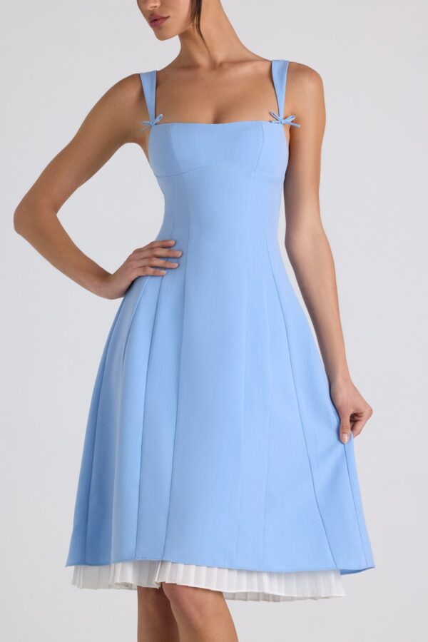 Bow-Detail Pleated A-Line Midi Dress in Sky Blue - Image 4