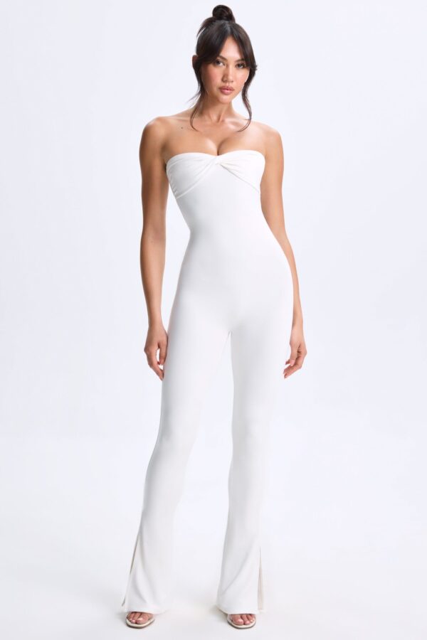 Petite Twist-Front Split Hem Flared Jumpsuit in White - Image 4