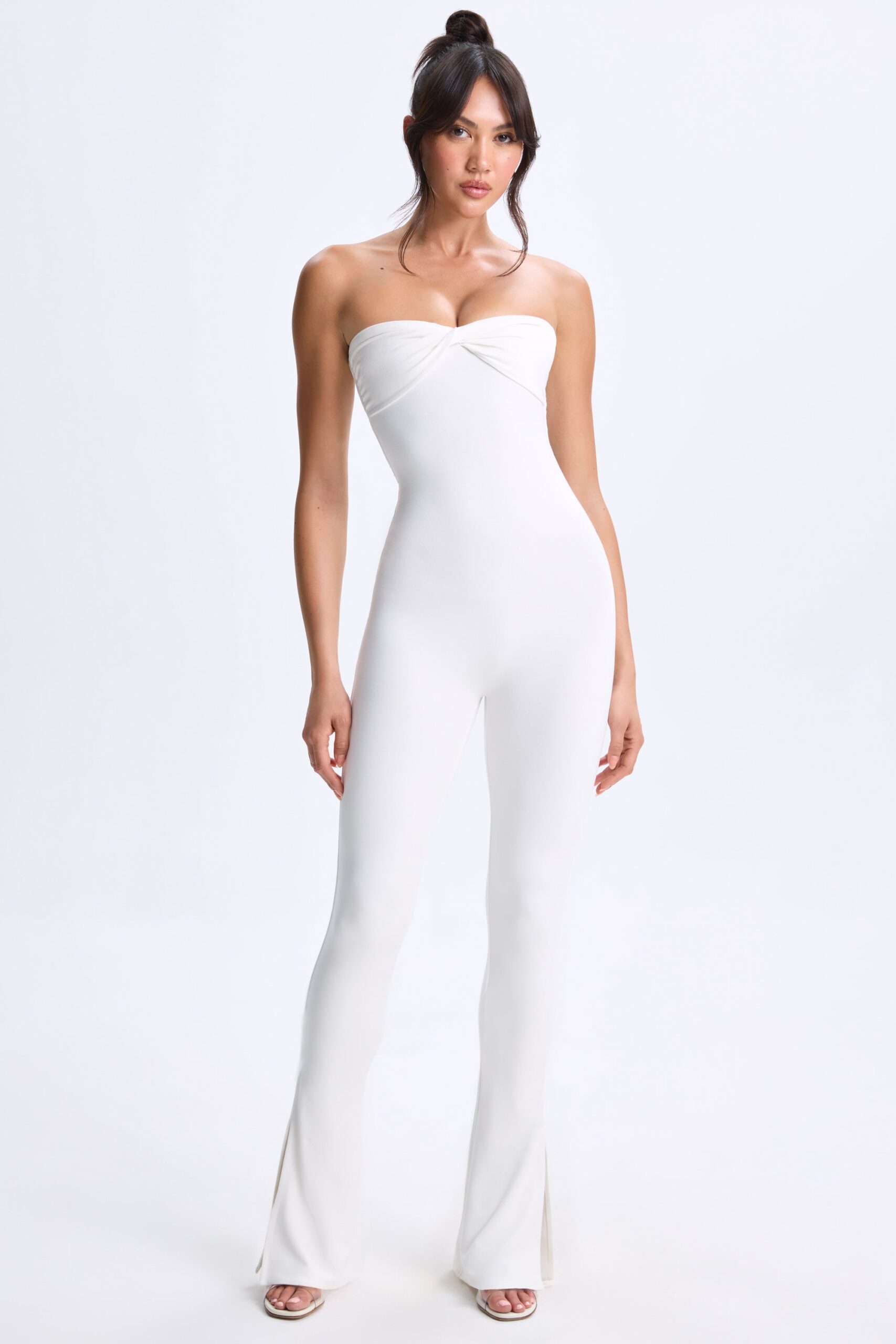 Petite Twist-Front Split Hem Flared Jumpsuit in White - Image 4