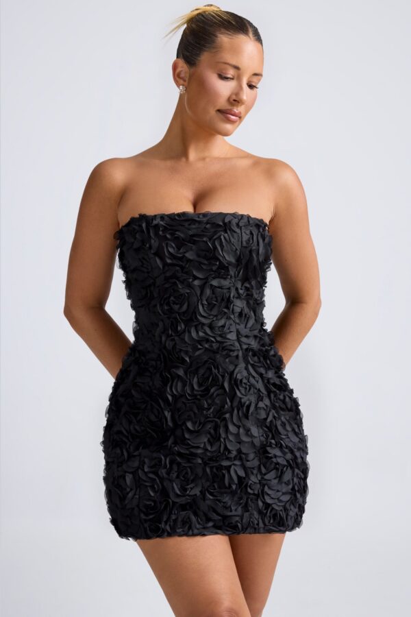Floral-Appliqué Bandeau A-Line Mini Dress in Black - Image 5