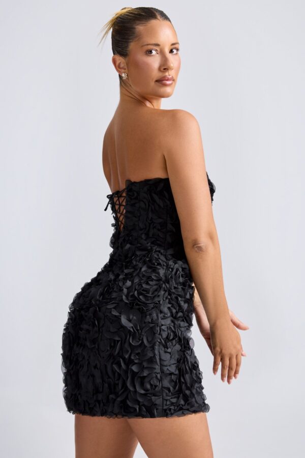 Floral-Appliqué Bandeau A-Line Mini Dress in Black - Image 3