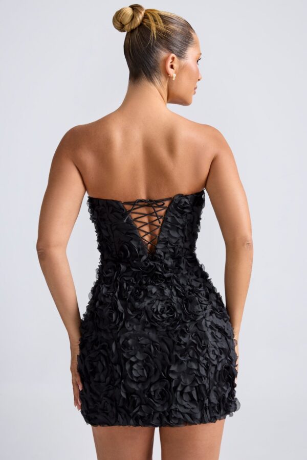 Floral-Appliqué Bandeau A-Line Mini Dress in Black - Image 2