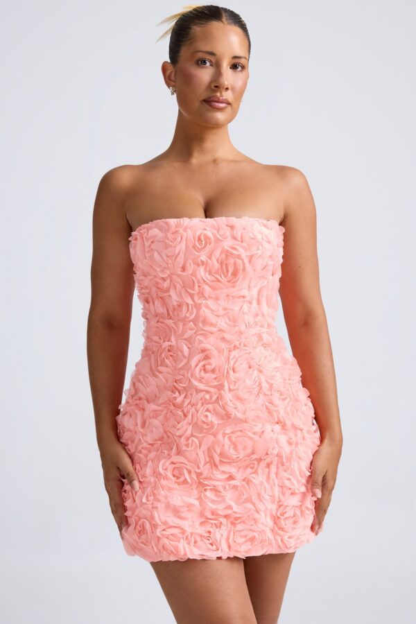 Floral-Appliqué Bandeau A-Line Mini Dress in Coral - Image 6