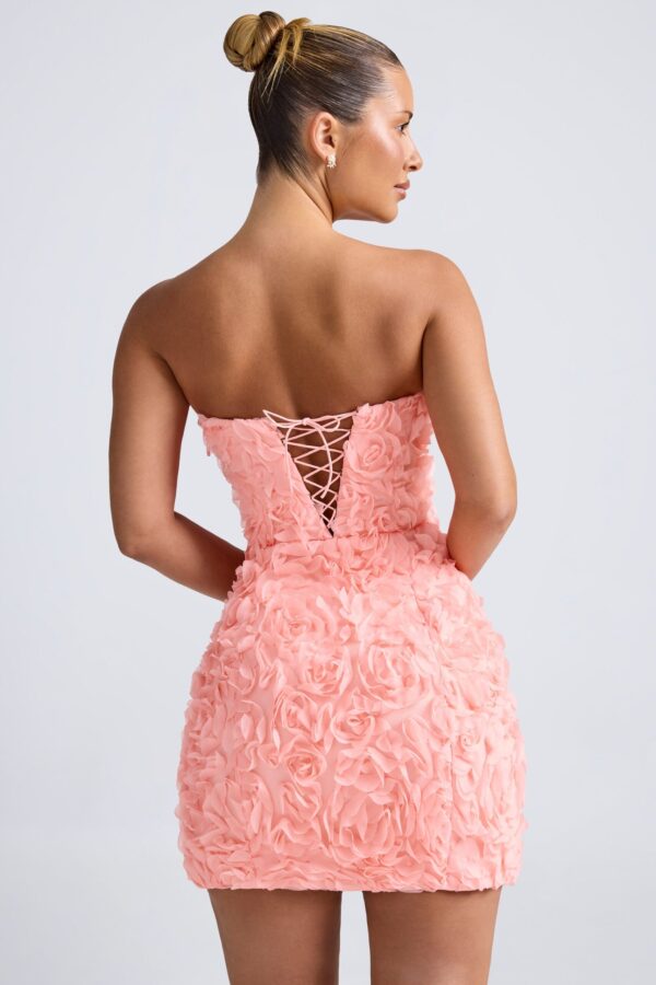 Floral-Appliqué Bandeau A-Line Mini Dress in Coral - Image 2