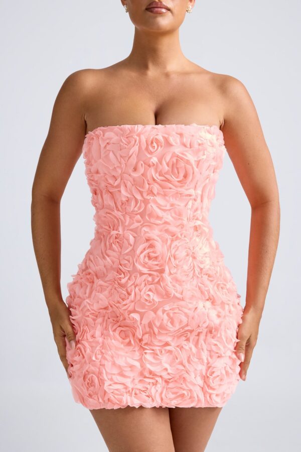 Floral-Appliqué Bandeau A-Line Mini Dress in Coral - Image 4