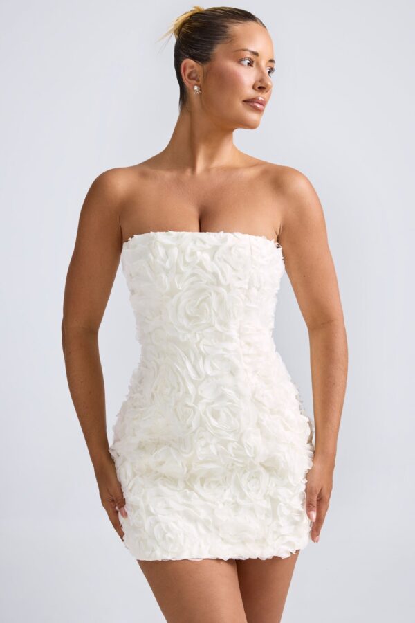 Floral-Appliqué Bandeau A-Line Mini Dress in White - Image 5