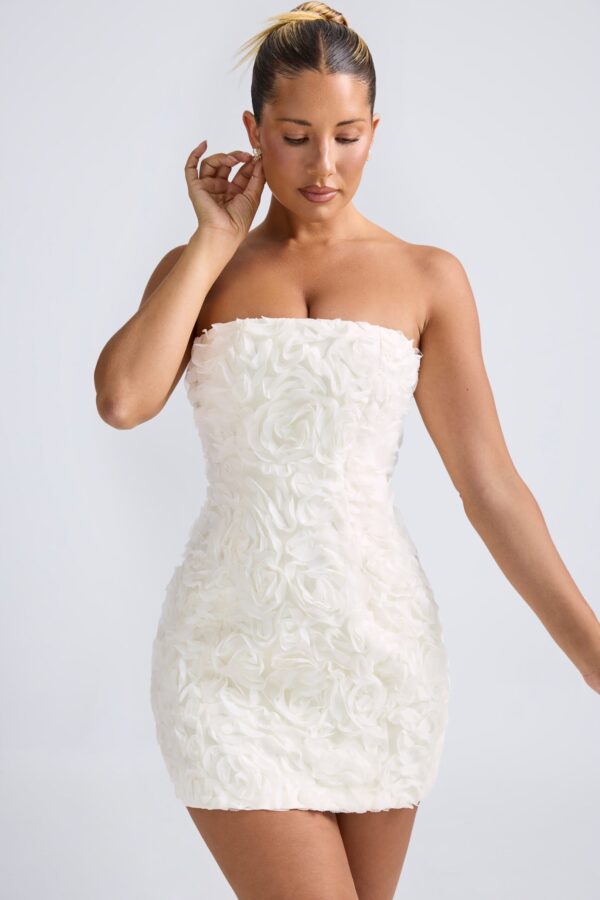 Floral-Appliqué Bandeau A-Line Mini Dress in White - Image 6