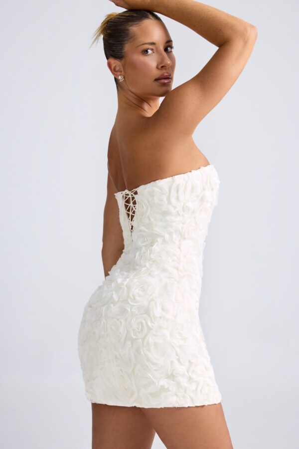 Floral-Appliqué Bandeau A-Line Mini Dress in White - Image 3
