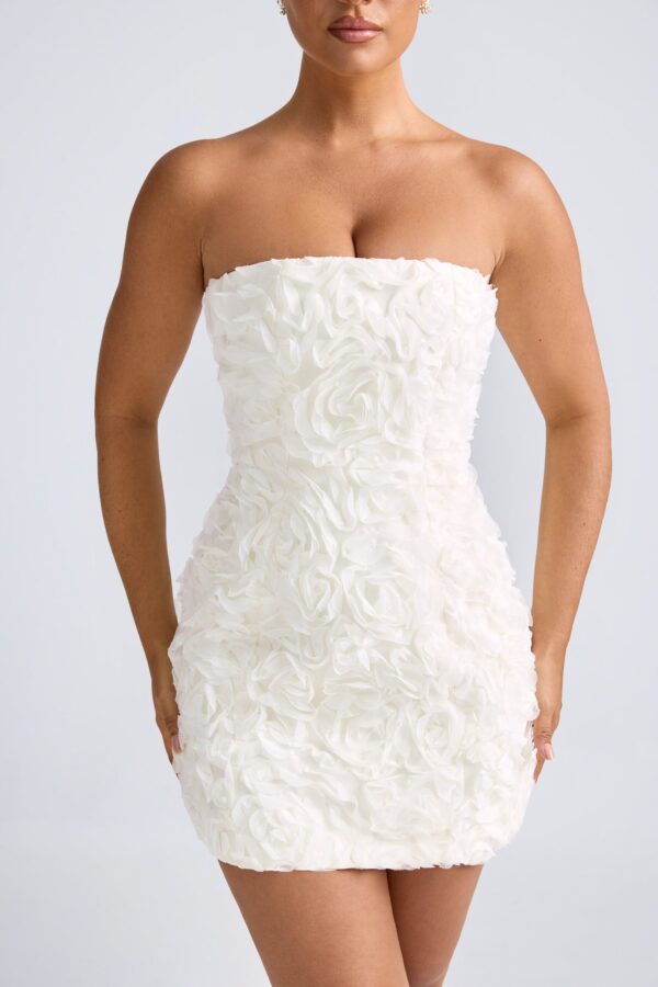 Floral-Appliqué Bandeau A-Line Mini Dress in White - Image 4